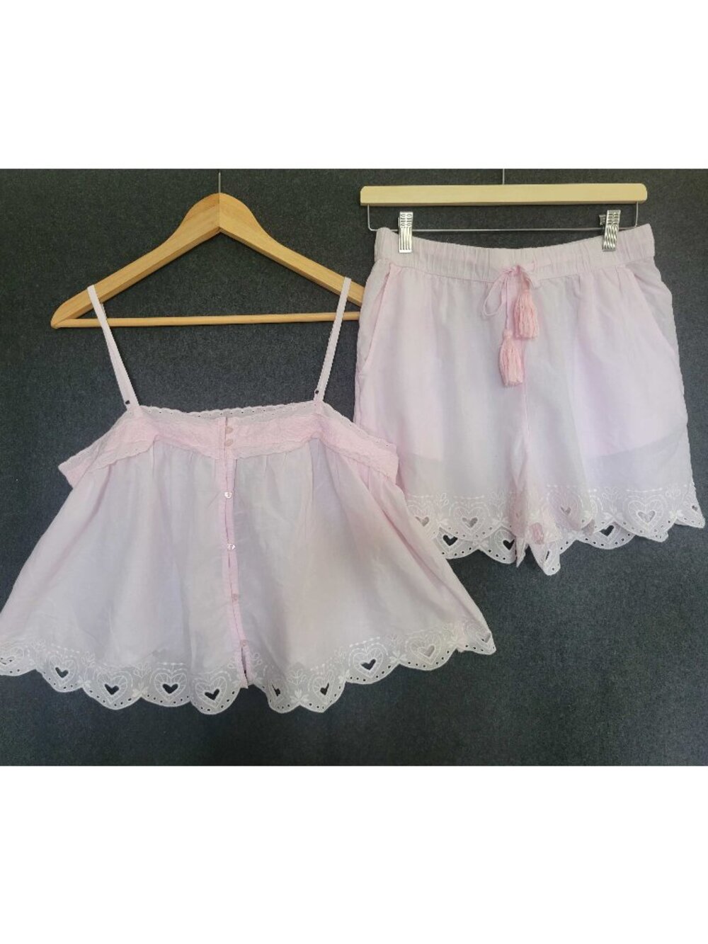 ShabbyChic Cotton Pink Heart Eyelet Lace Pajama Set Coquette Dollette Loungewear